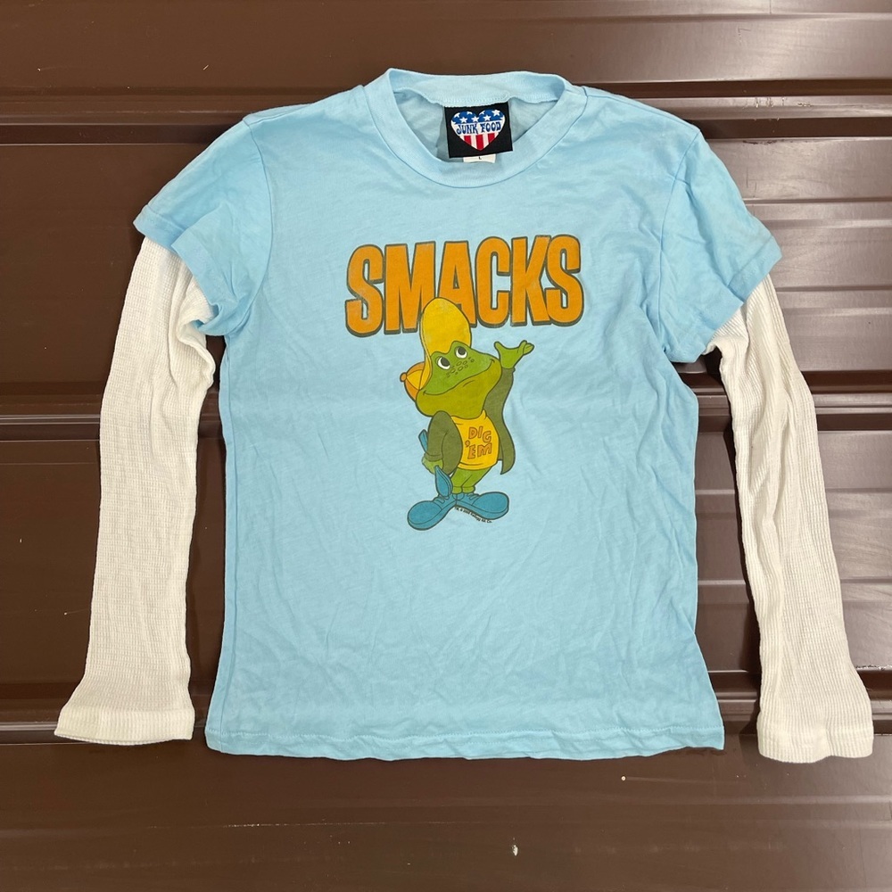 VTG 2005 JUNK FOOD Light Blue Tee w/White Waffle Knit Long Sleeves, Kids Size L